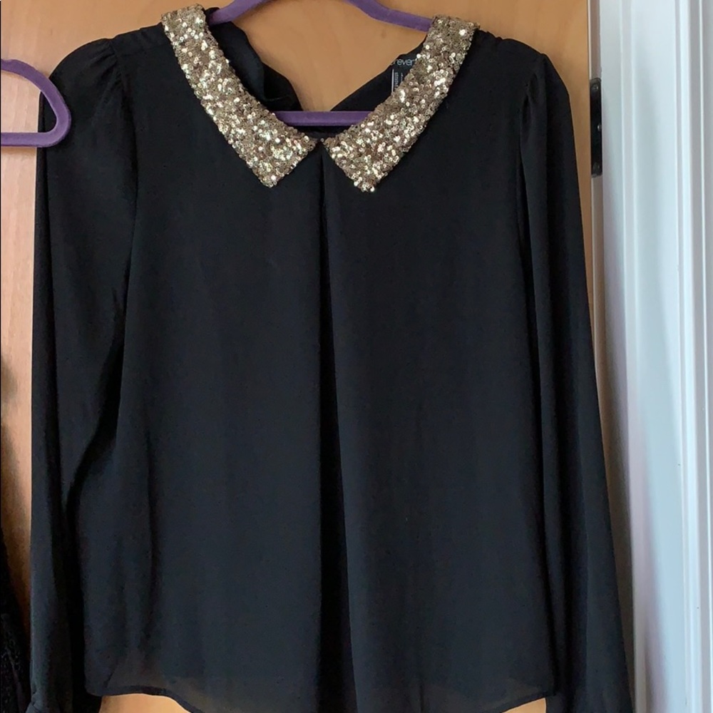 Black sheer long sleeve with gold sequenced collar